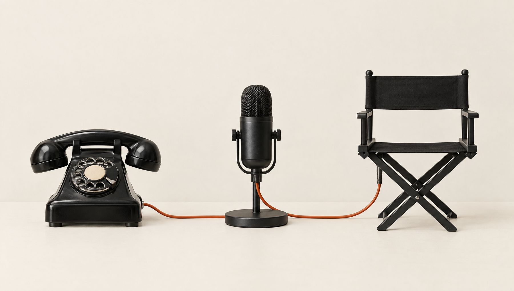 A black rotary telephone, a studio microphone and a folded black director's chair in a row on a cream surface, joined by one burnt-orange cable