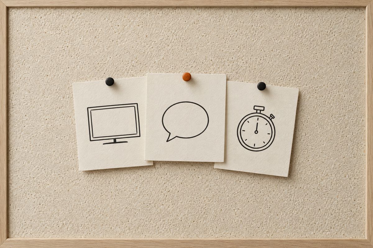 Three index cards pinned to a cream corkboard with line drawings of a television, a speech bubble and a stopwatch, the centre pin burnt orange