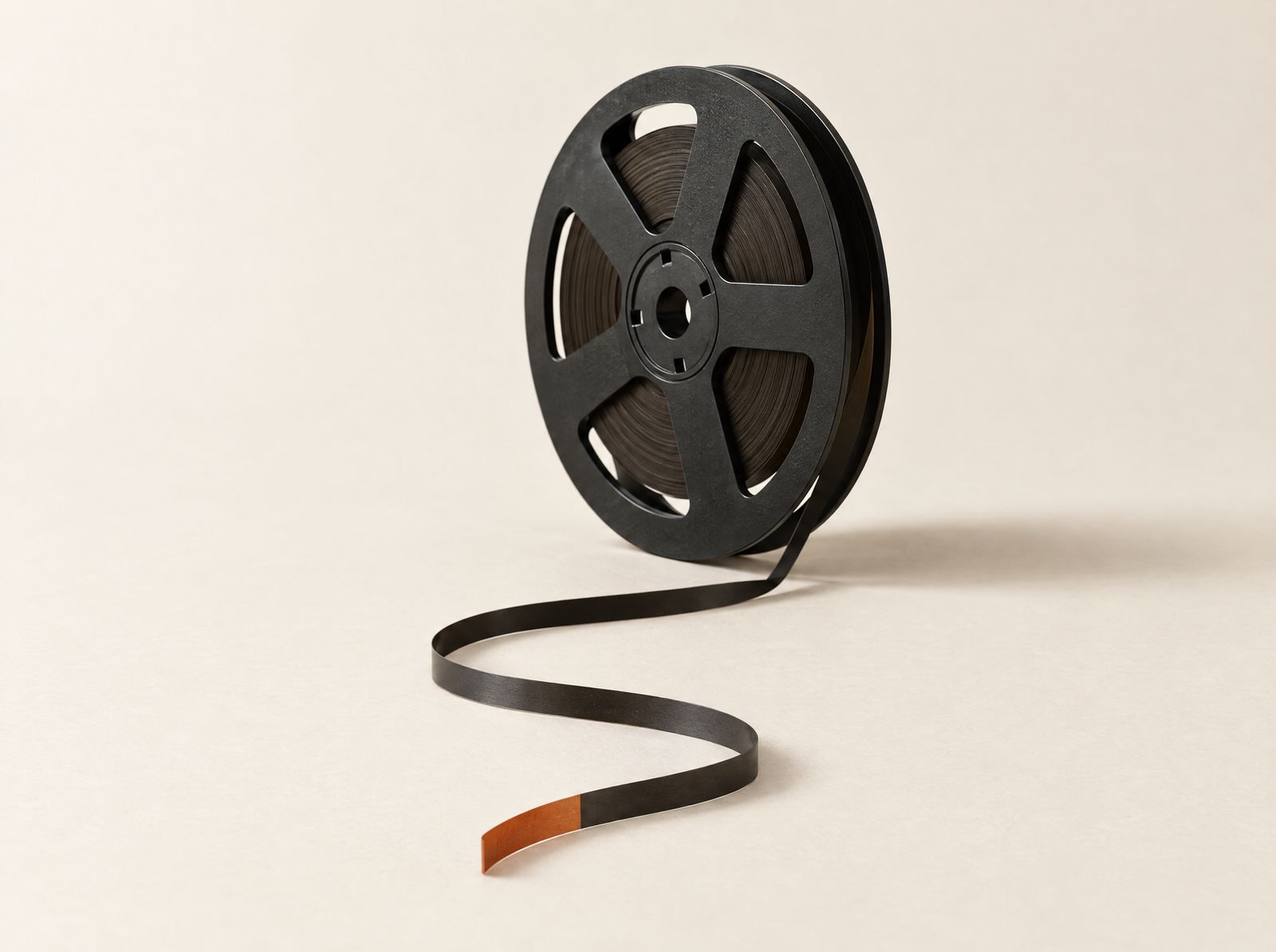 A black reel-to-reel tape reel standing upright with a length of tape unspooled toward the camera, one segment burnt orange