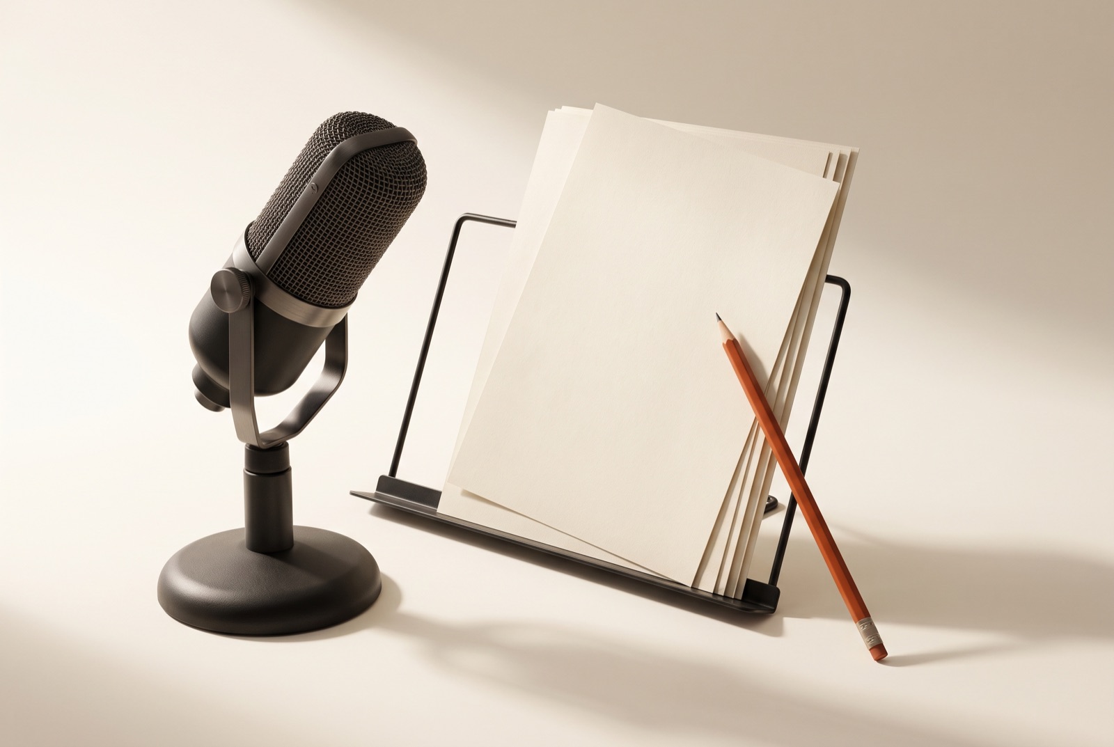 A studio microphone facing a music stand of script pages, one page nudged slightly by a burnt-orange pencil resting against it