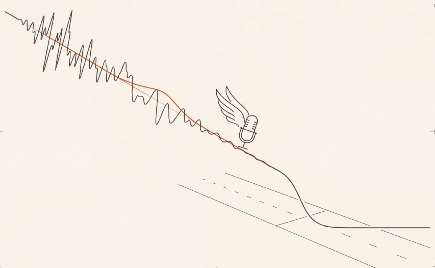 A diagram of an audio waveform descending like an aircraft on final approach, corrected by a single burnt-orange glide path and touching down on a minimal runway