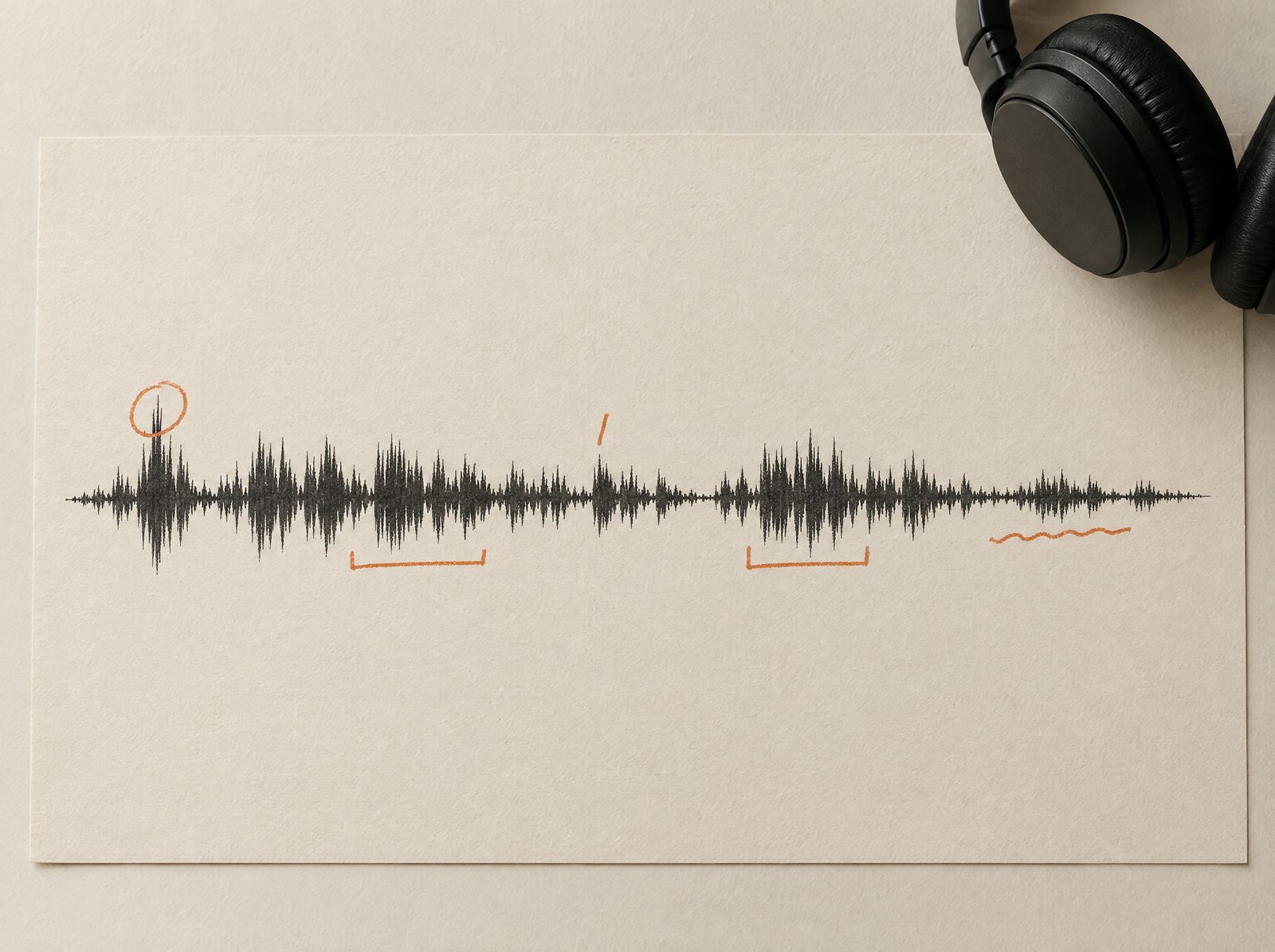 A printed audio waveform on cream paper marked up in burnt-orange pencil with circles, brackets and ticks, headphones at the corner