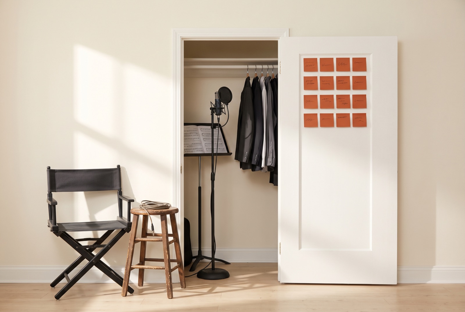 A closet converted to a vocal booth with orange sticky notes on the door and an empty director's chair outside