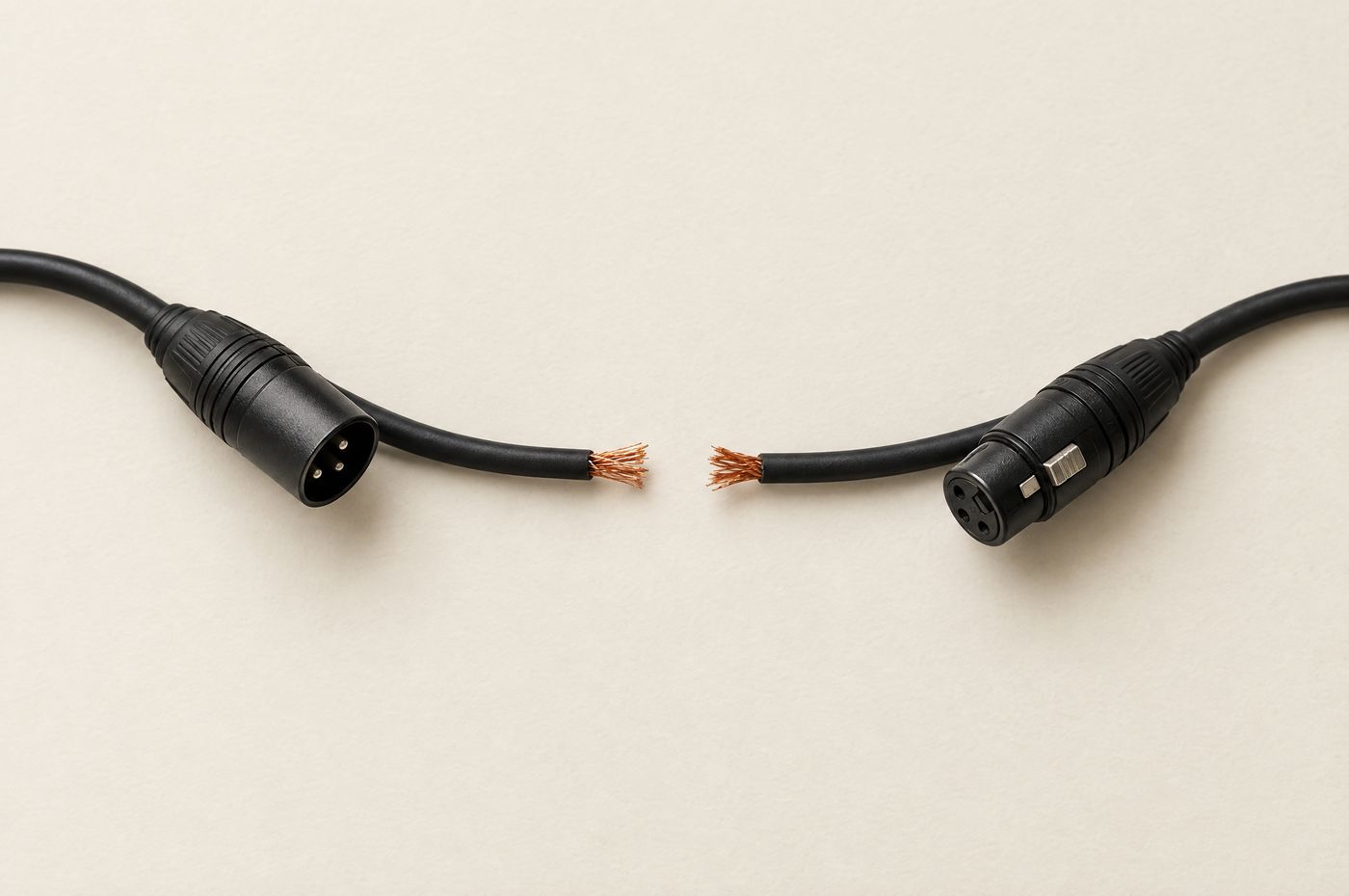 A black XLR cable cut cleanly in the middle on cream paper, the exposed copper strands glinting burnt orange