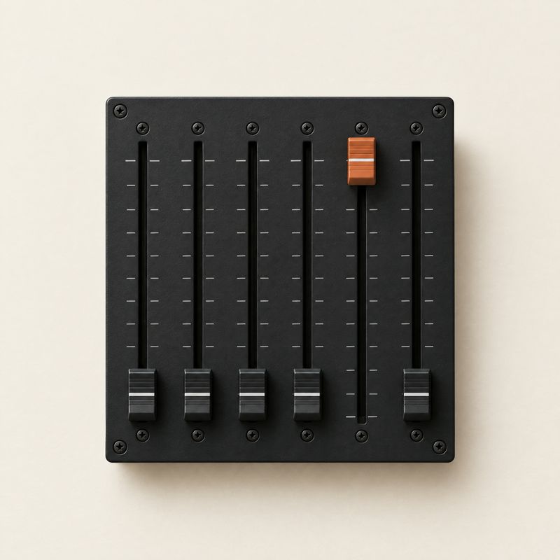 A black six-channel fader panel, five faders at rest and one raised with a burnt-orange cap
