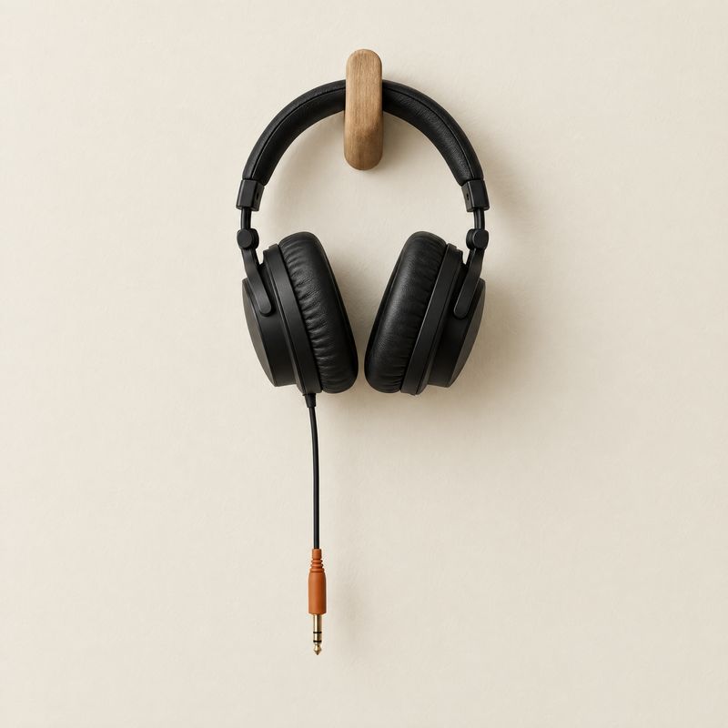 Black studio headphones hung on a wooden hook against an ivory wall, the cable ending in a burnt-orange jack