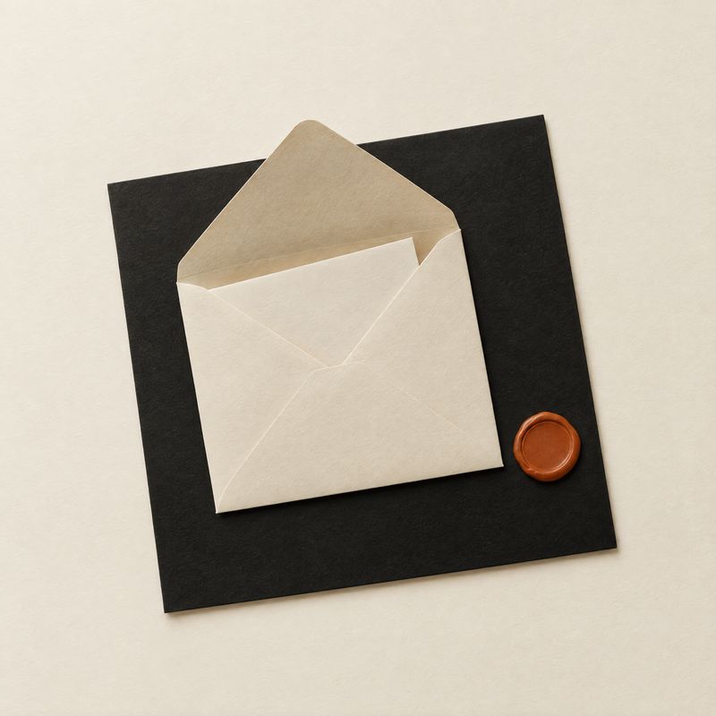 A cream envelope with its flap open on a black surface, an unused burnt-orange wax seal beside it